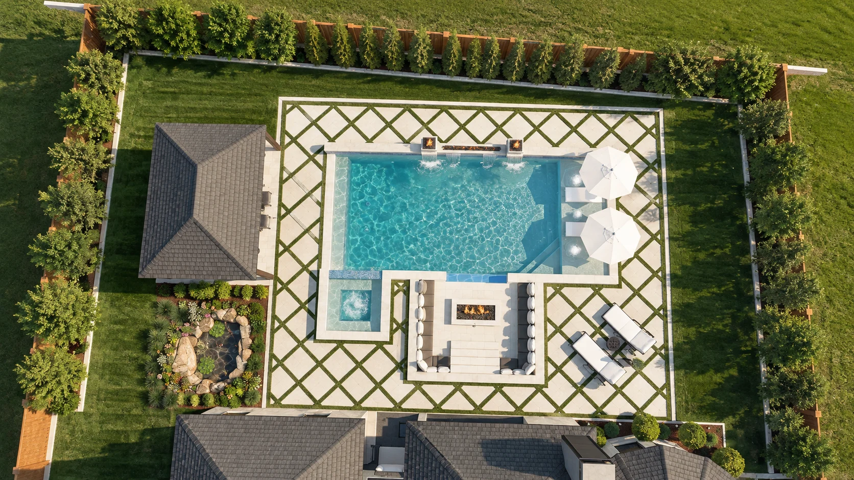 Aerial view of the backyard pool and outdoor living space