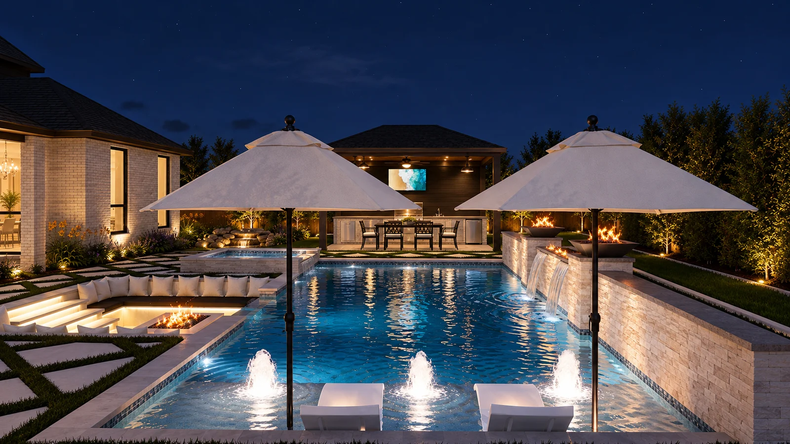Pool and outdoor living pavilion at night