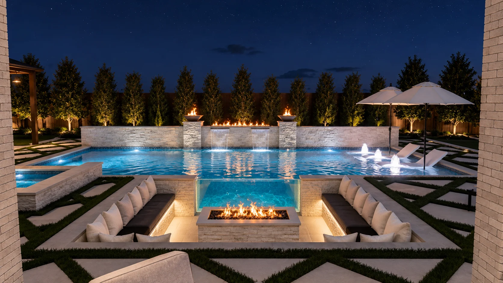 Nighttime pool and sunken fire lounge with an illuminated acrylic pool window